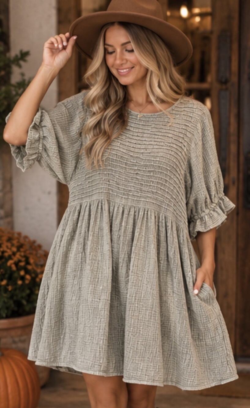 Three Bird Nest $88 Quinn Puff Sleeve Babydoll Ash Green Grey Mini Dress S/M/L